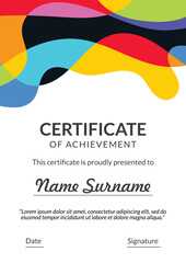 Vertical bussiness certificate of appreciation achievement with colorful organic shapes composition