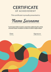 Vertical bussiness certificate of appreciation achievement with colorful organic shapes composition