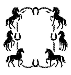 Horse Silhouette Frame with Horseshoes and Rope Border