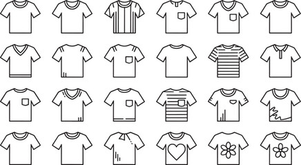 Fototapeta premium Collection of black outline t shirt icons with various styles and patterns t shirt clothing
