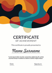 Vertical bussiness certificate of appreciation achievement with colorful organic shapes composition