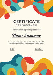 Vertical bussiness certificate of appreciation achievement with colorful organic shapes composition