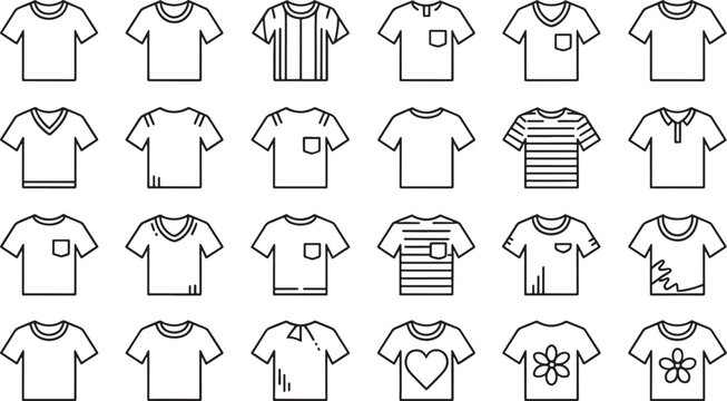 Collection of black outline t shirt icons with various styles and patterns t shirt clothing