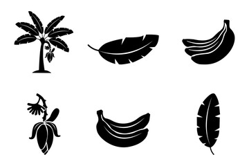 Various elements of bananas illustrated in black and white, including a tree, leaves and banana fruit clusters. Simple and stylish. 