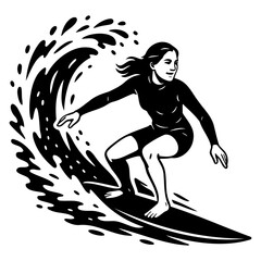Female Surfer Riding Wave Silhouette Vector Illustration