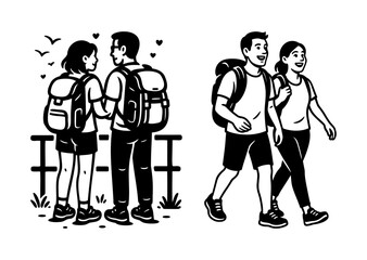 Hiking Couple Romantic Moment and Walking Vector Set