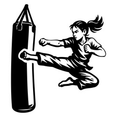 Female Fighter Flying Side Kick on Punching Bag Silhouette