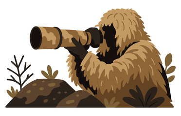 Wildlife Photographer in Camouflage with Telephoto Lens Vector