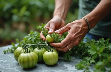 Hands harvest unripe tomatoes from garden vine. Green vegetables on branch for organic food, healthy eating. Close-up view of gardener picking fresh produce in backyard, natural bounty.
