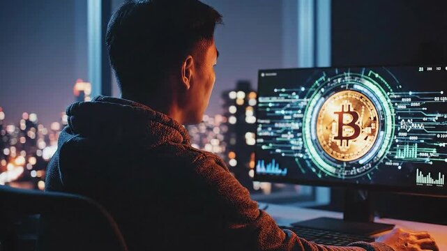 Man analyzing Bitcoin cryptocurrency on computer screen at night, trading and investing.