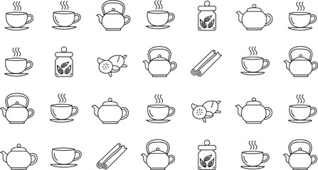 Naklejka premium Collection of black line art icons for tea and coffee cups teapots cinnamon sticks and jars tea cup kettle