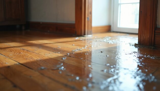 Water damage on a wooden parquet floor. Liquid pools and debris scatter across the polished surface near a doorway and window, hinting at a leak or spill creating chaos.
