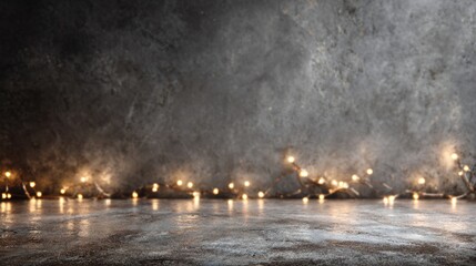 Obraz premium A dimly lit scene featuring a textured wall and a reflection on the floor, adorned with warm string lights creating a cozy ambiance.