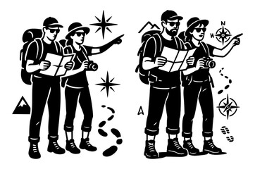 Hiking Navigation Team with Map and Compass Vector Set