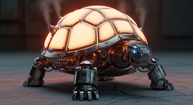 Steampunk Mechanical Turtle Robot with Glowing Shell and Intricate Details.
