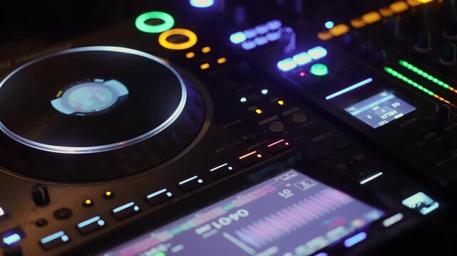 Closeup Illuminated DJ Controller With Lights And Platter, Colorful Buttons And LCD Display, Fingertips Adjusting Tempo And Crossfader,