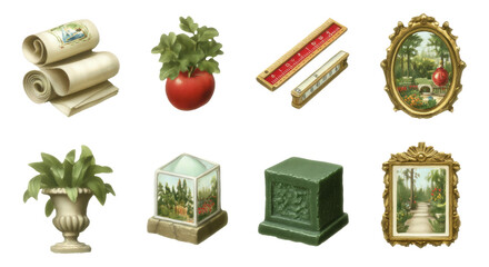 Detailed Collection of Classical Landscape Architecture Micro Tools on Transparent Background