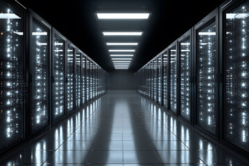 Fototapeta premium Data center corridor with rows of servers illuminated by bright overhead lights