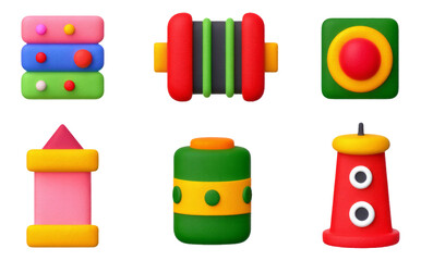 Colorful Futuristic 3D Clay Icons in Soft Style on Transparent Background