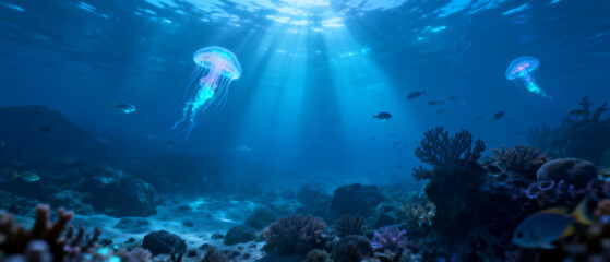 Vibrant blue ocean depths illuminated by mesmerizing sunbeams, showcasing graceful jellyfish drifting over a thriving coral reef with small fish