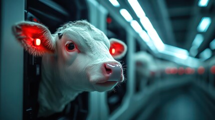 Futuristic farm with technologically enhanced cattle in a controlled environment for sustainable