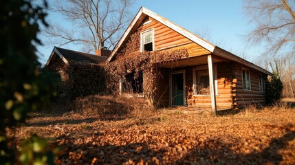 Abandoned log cabin overtaken by nature's growth, revealing a poignant story of bygone days and