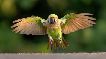 Green conure portrait in mid-flight displaying vibrant plumage against a bokeh backdrop