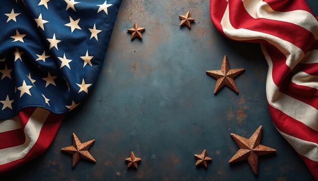 American flag elements and stars arranged on dark textured background. Red white blue fabric and bronze stars create patriotic scene. Ideal for holiday celebrations or national themes.