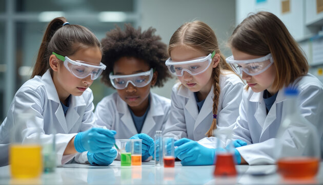 Children in lab coats and goggles conduct science experiment mixing colorful liquids in beakers. Young students learn chemistry, perform research, and work together in classroom.
