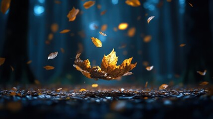 Autumnal Serenity: Golden Leaves Dancing in a Mystical Forest Ambiance Scene