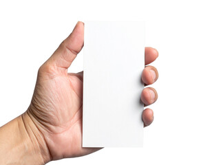 Obraz premium Hand holding a blank vertical white business card, ticket, or flyer mockup. Isolated on transparent or white, Cut out