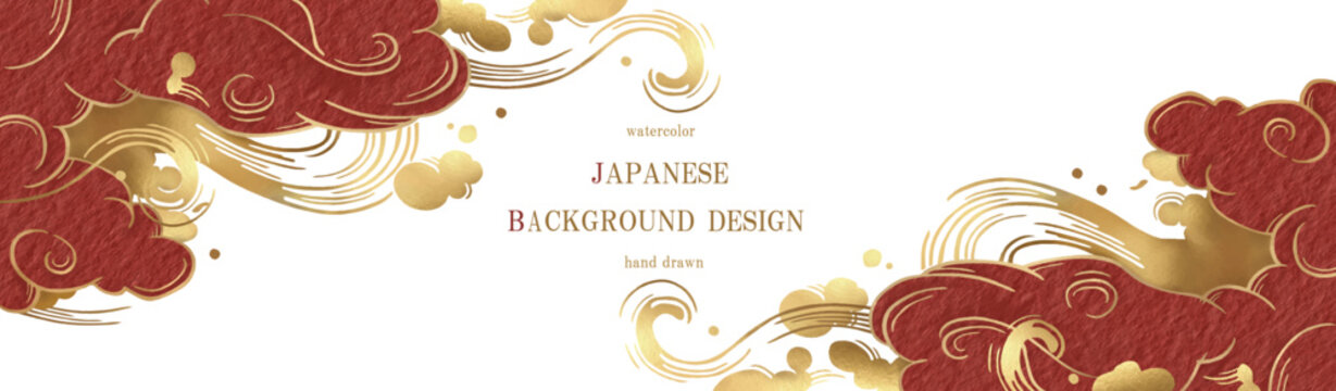 [赤色の雲（海波）と金箔のテクスチャを用いた日本の背景デザイン。手描き水彩スタイル]ベクター、イラスト
