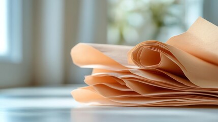 Close-up of peach-toned paper stack featuring soft hues for artistic background use