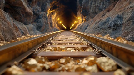 A mesmerizing journey into the depths: Illuminating gold mine tunnel vista with rail tracks