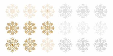 A collection of ornate golden and silver snowflake designs in varying shades