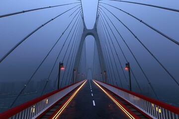 A high-quality architectural design featuring a red and white bridge against a blue sky background