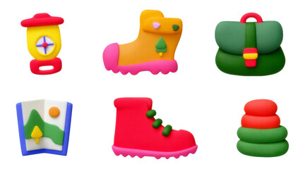 Colorful Micro Adventure Gear Clay Items on a Transparent Background