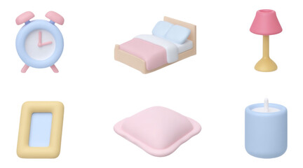Soft Toy Icons for Bedroom Decor in 3D Art Style on Transparent Background