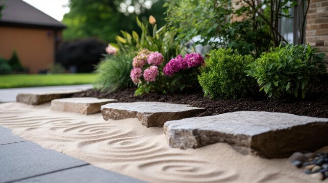 Serene zen garden with stone path, rippled sand, and blooming hydrangeas creating peaceful ambiance - Powered by Adobe