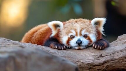 Captivating close-up of a red panda resting serenely on a textured branch outdoors