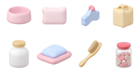 Soft 3D Pet Care Accessories Isolated on Transparent Background for Creative Projects