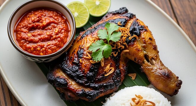 Indonesian Grilled Chicken Ayam Bakar with Spicy Sambal Sauce.