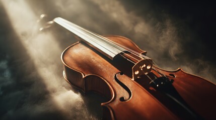 Wooden stringed musical instrument rests in dramatic, smoky spotlight illumination