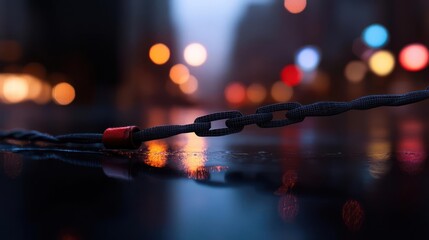 Nighttime reflections of urban lights accentuate a weathered chain on damp pavement surface