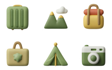 Playful 3D Clay Icons of Travel Adventure Soft Elements on Transparent Background