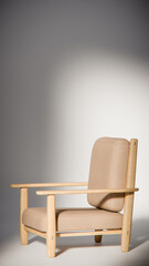 Obraz premium Modern wooden armchair with beige cushion in minimalist lighting. Ideal for furniture design, product display, and interior visualization in 3D rendering and architectural mockups.
