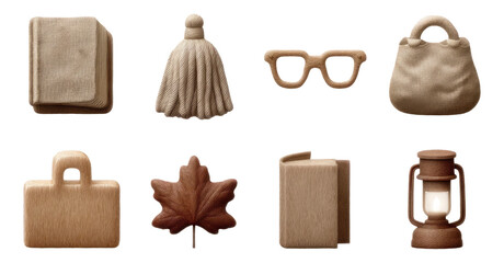 Cozy Rustic Autumn Essentials for Reading in Soft Tactile Clay on Transparent Background