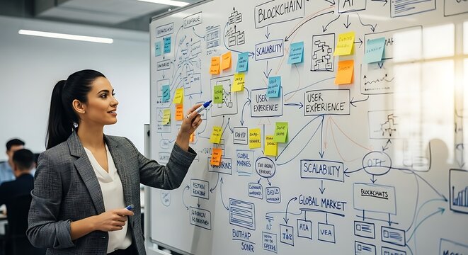 Businesswoman pointing at a complex flowchart on a whiteboard with sticky notes.