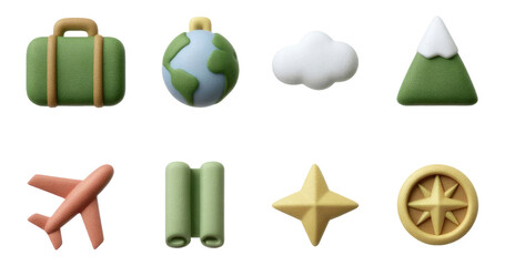 Colorful 3D Clay Symbols for Travel Adventure Collection Isolated on Transparent Background