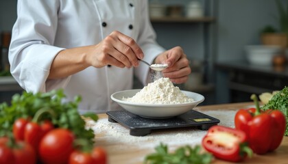 Chef measures flour on digital scale for recipe preparation in kitchen. Hands carefully add powder from spoon to white bowl. Fresh vegetables are on the counter.